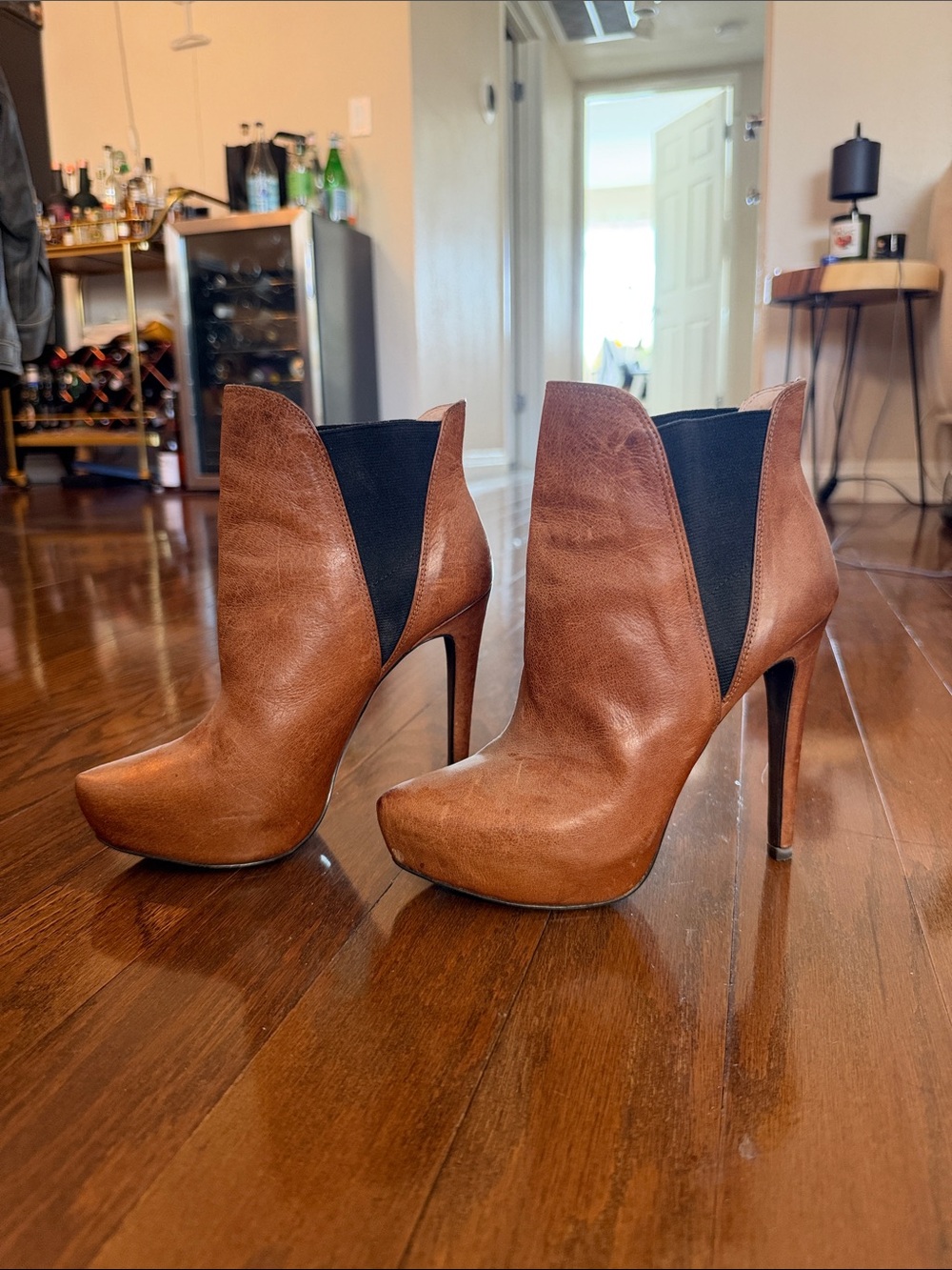 Jessica Simpson Tan Leather High Stiletto Ankle Booties with Black Stretch Panel